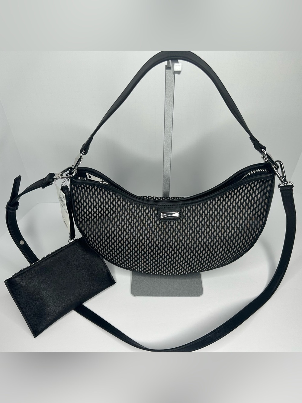 INC Liannah Mesh Shoulder Bag, Black Mesh Shoulder or Crossbody with Zip Pouch